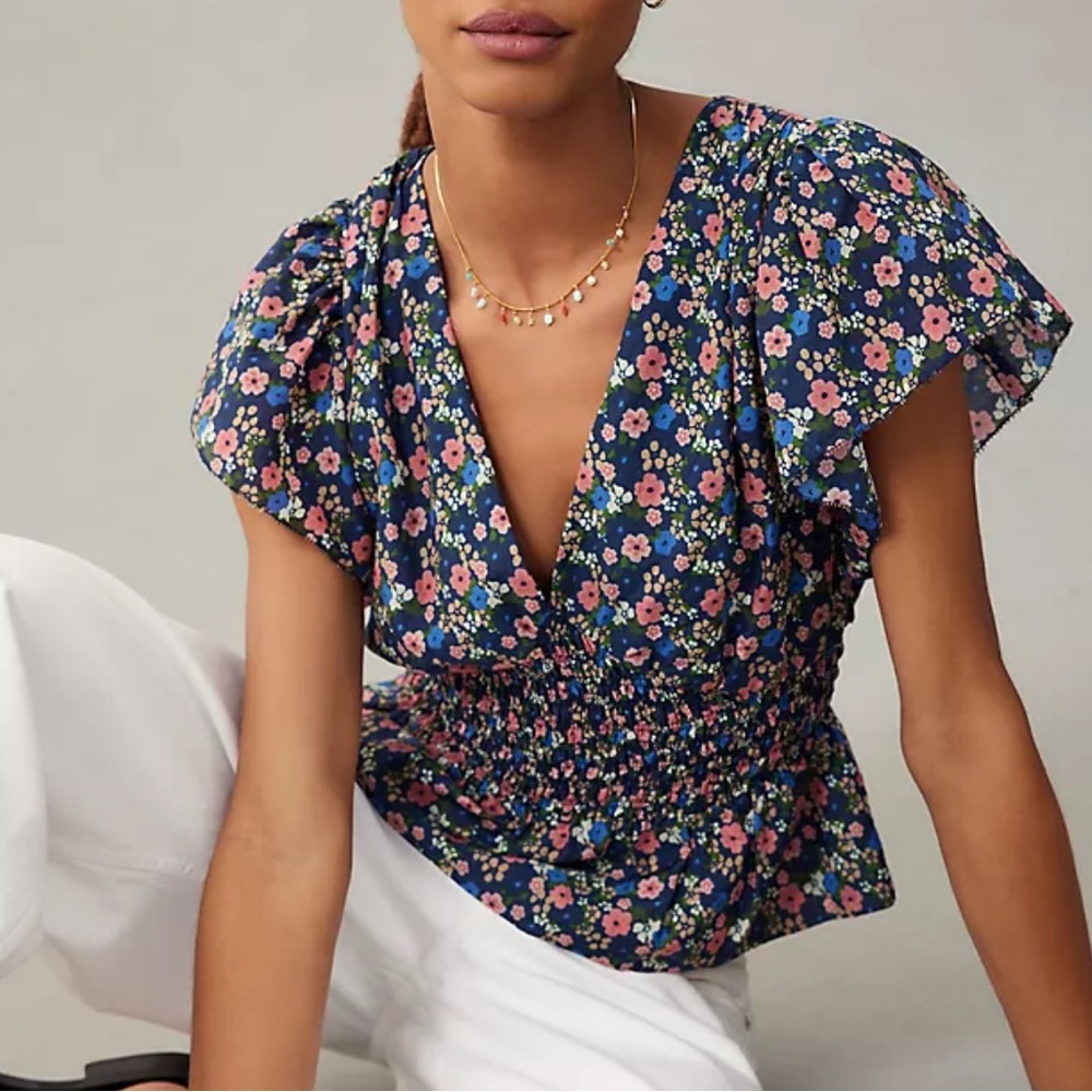 Trovata Birds of Paradis Floral Smocked Blue Pink Peplum Blouse Cap Sleeves
